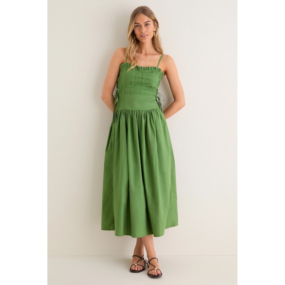 Tuckernuck Moon River Blue Cotton Poplin Midi Dress Side Tie Smocked Back Large - Picture 5 of 5